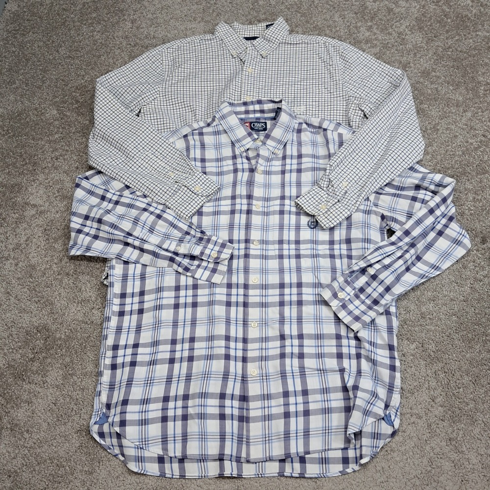 Chaps Mens Long Sleeve Button Down Shirt Bundle Blue White Plaid Check Large 2pk